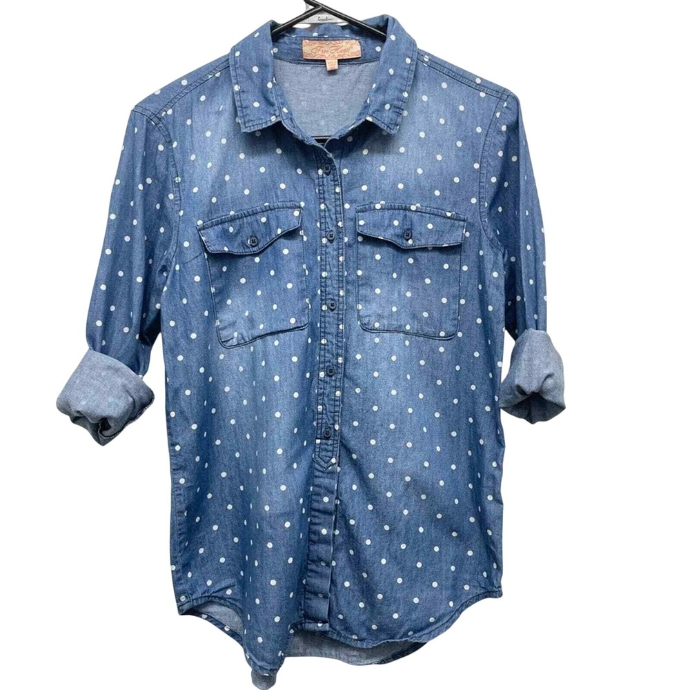 Free Heart Denim Shirt‎ Blue White Polka Dot Long Sleeve Button Down Casual